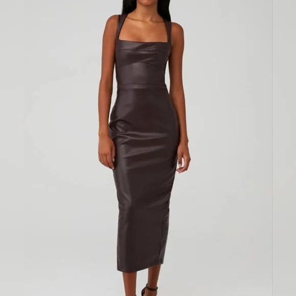 Nookie Alexia Faux Leather Sleeveless Bodycon Midi Dress Chocolate Womens Size S - Picture 1 of 12